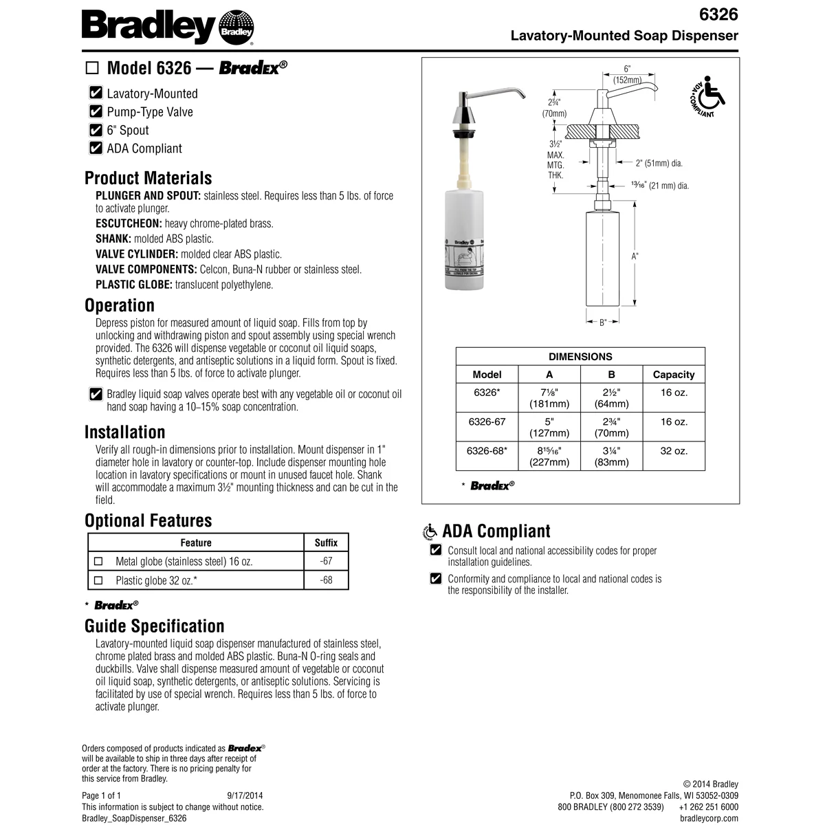 Bradley 6326-68 Commercial Liquid Soap Dispenser, Countertop Mounted, Manual-Push, Stainless Steel - 6" Spout Length - Image 5
