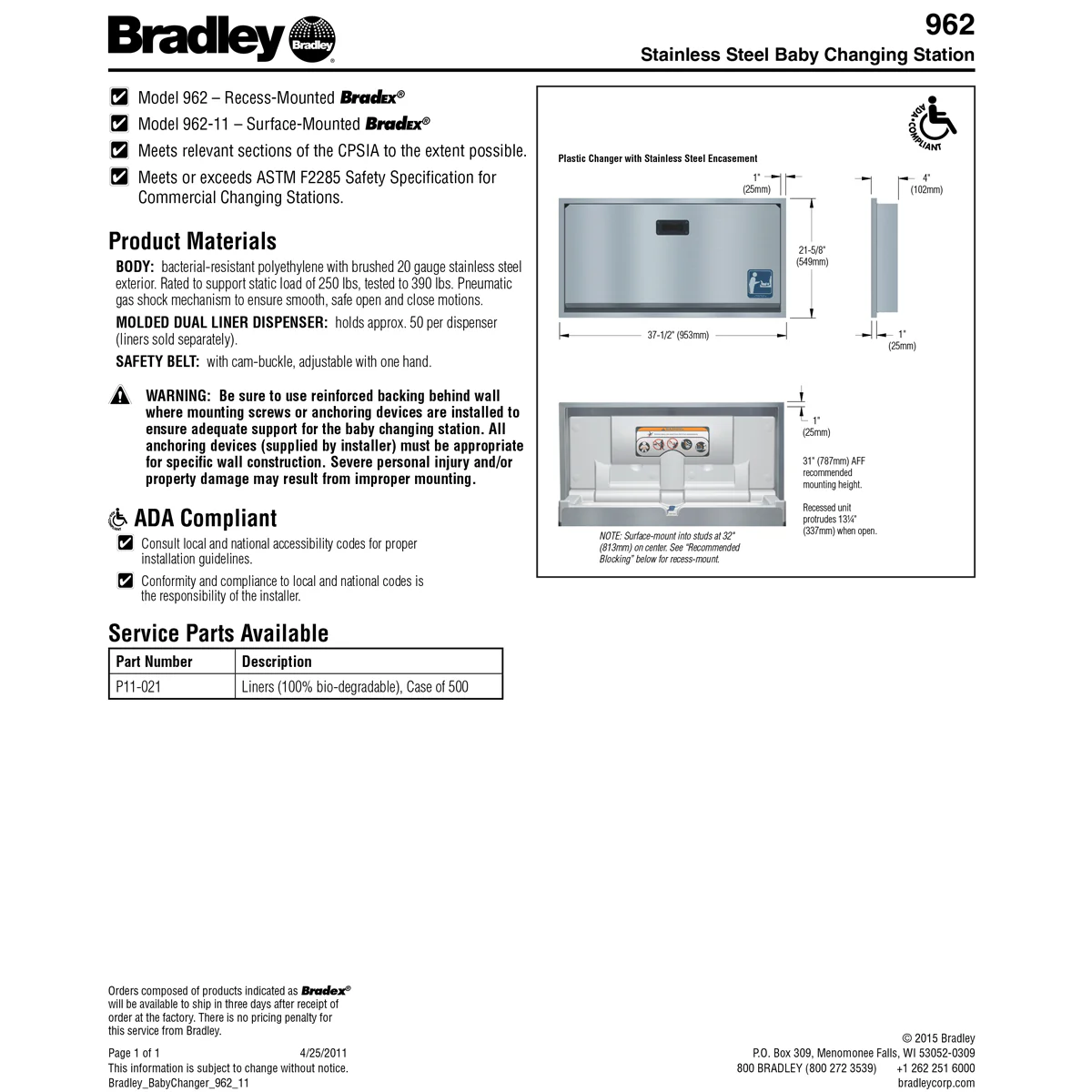 Bradley 962-00 Baby Changing Station, Recessed-Mounted, Stainless Steel - Image 4