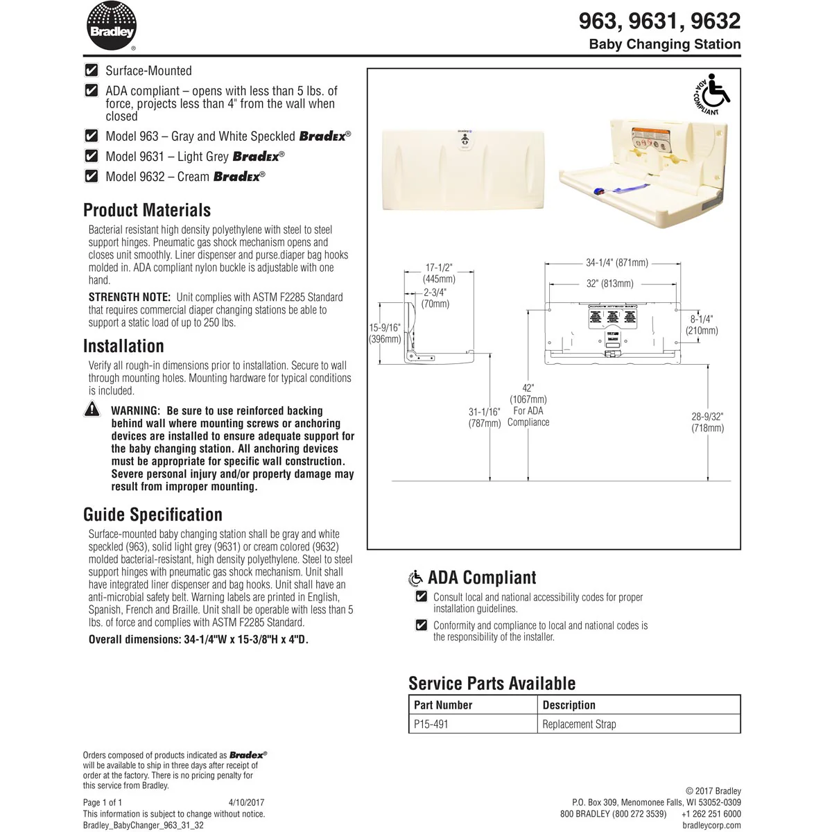 Bradley 963-000000 Baby Changing Station, Surface-Mounted, Plastic - Image 4