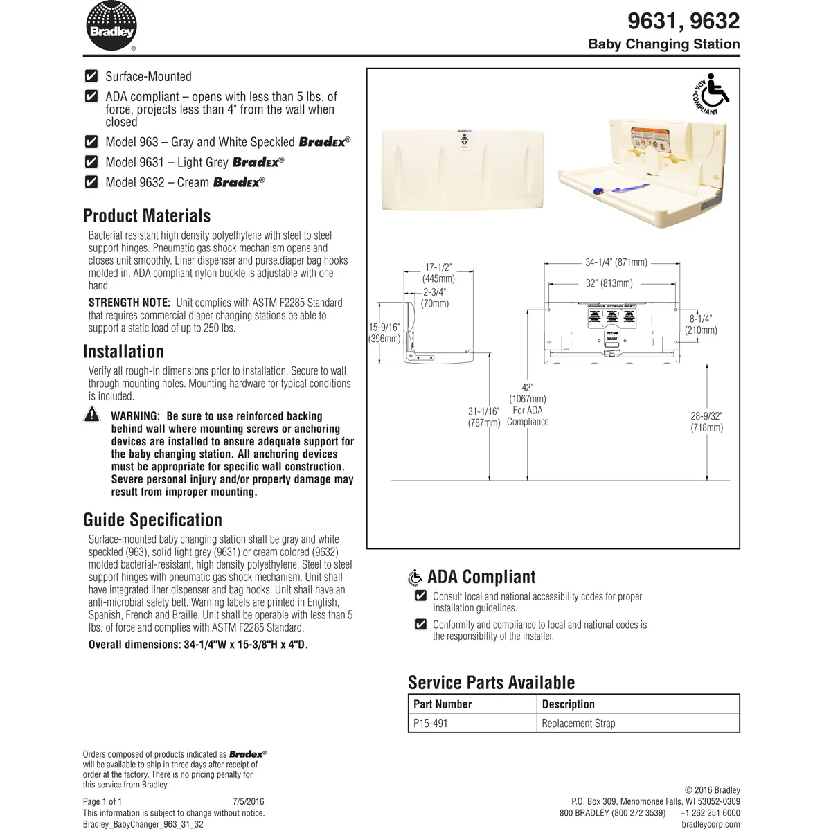 Bradley 9631-00 Baby Changing Station, Surface-Mounted, Plastic - Image 4