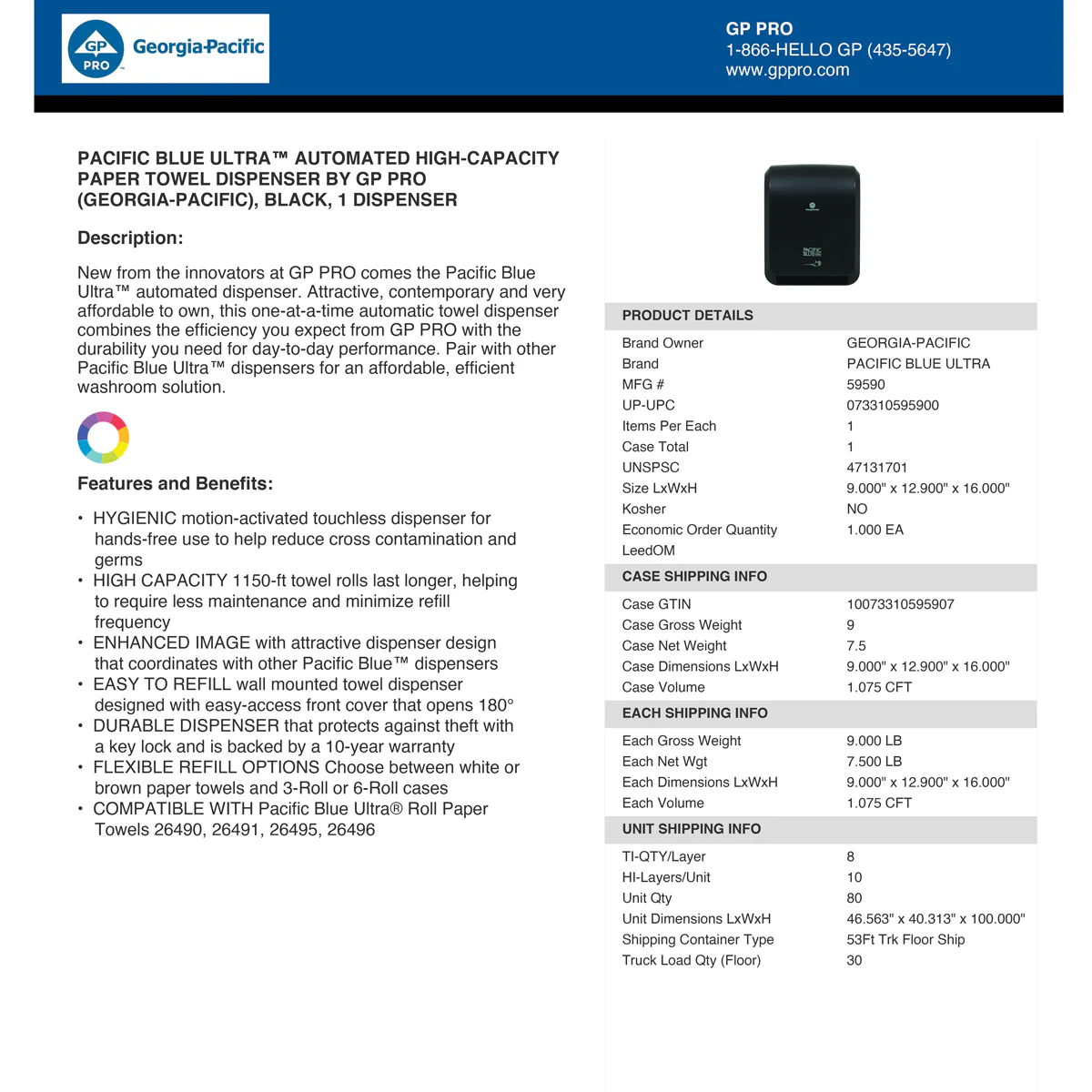 Georgia Pacific Pacific Blue Ultra Paper Towel Dispenser, Automated, 12.9 X 9 X 16.8, Black - GPC59590 - Image 3